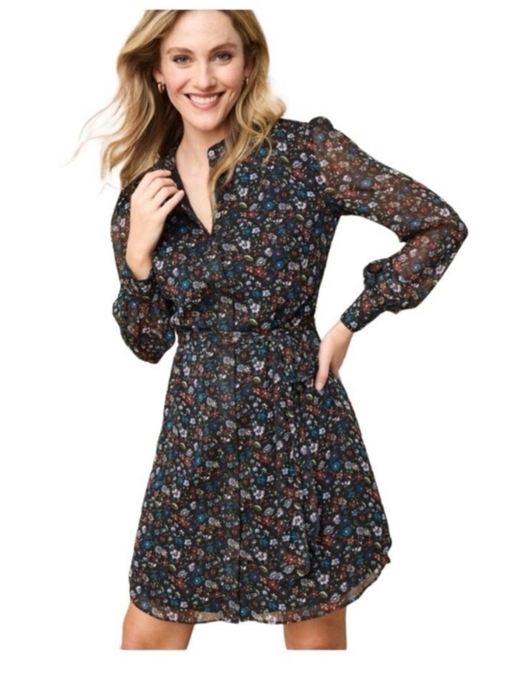 UNTUCKit Black Floral Long-Sleeve Smocked-Waist Dress with Blue & Red Accents